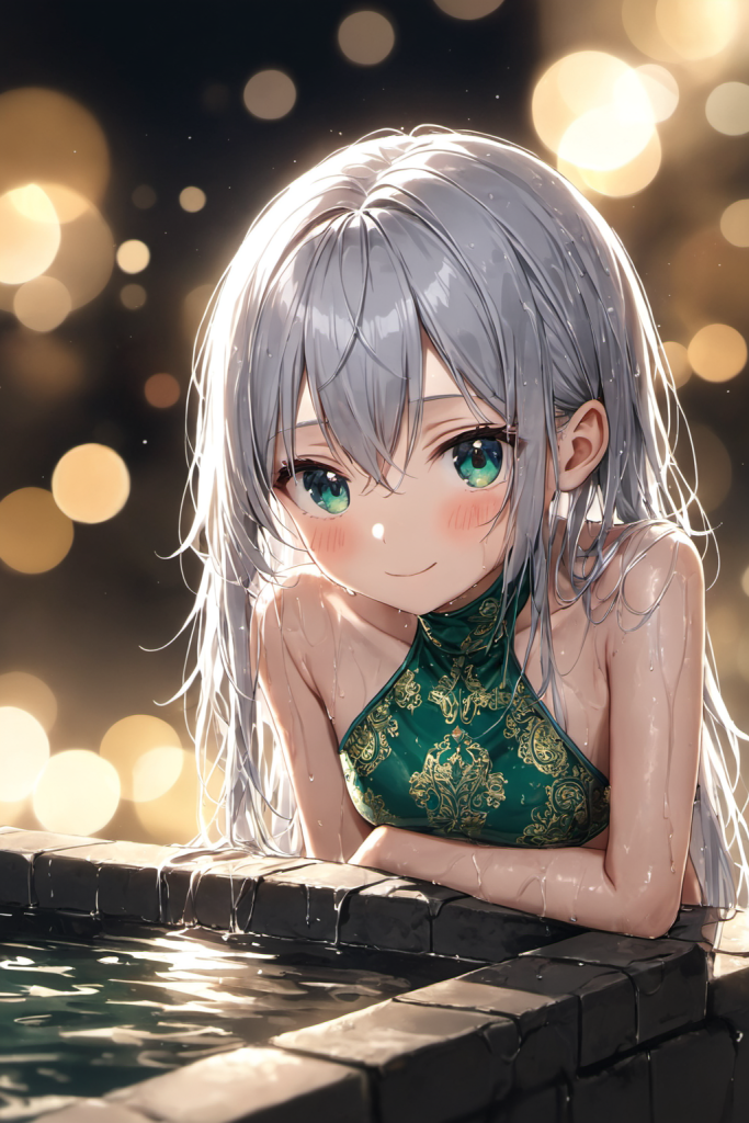 AIイラストによる神秘的なエスニック柄ビキニの前後全身像（ナイトプールのライトアップに照らされる演出）。水着デザインのプロンプト検証資料。魅力的なビーチコーデ。