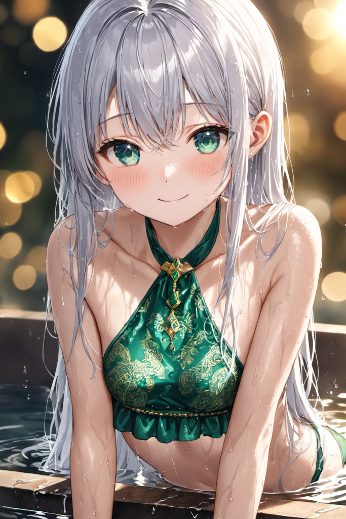 AIイラストで描かれた、ナイトプールの光に神秘的に輝くエスニック柄とゴールド刺繍のビキニ（前後全身像）。魅力的な水着プロンプトの構成案を紹介する技術資料。下部のラベルがデザインアーカイブであることを示している。