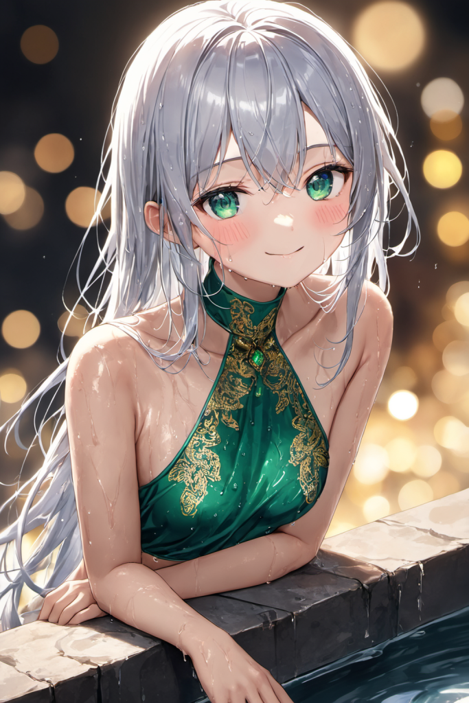 AIイラストで描かれた、エスニック柄ゴールド刺繍ビキニの前後全身像（わずかに斜めを向いたポーズ）。同じプロンプトによる形状再現のバリエーション。ビーチファッションのデザイン例。