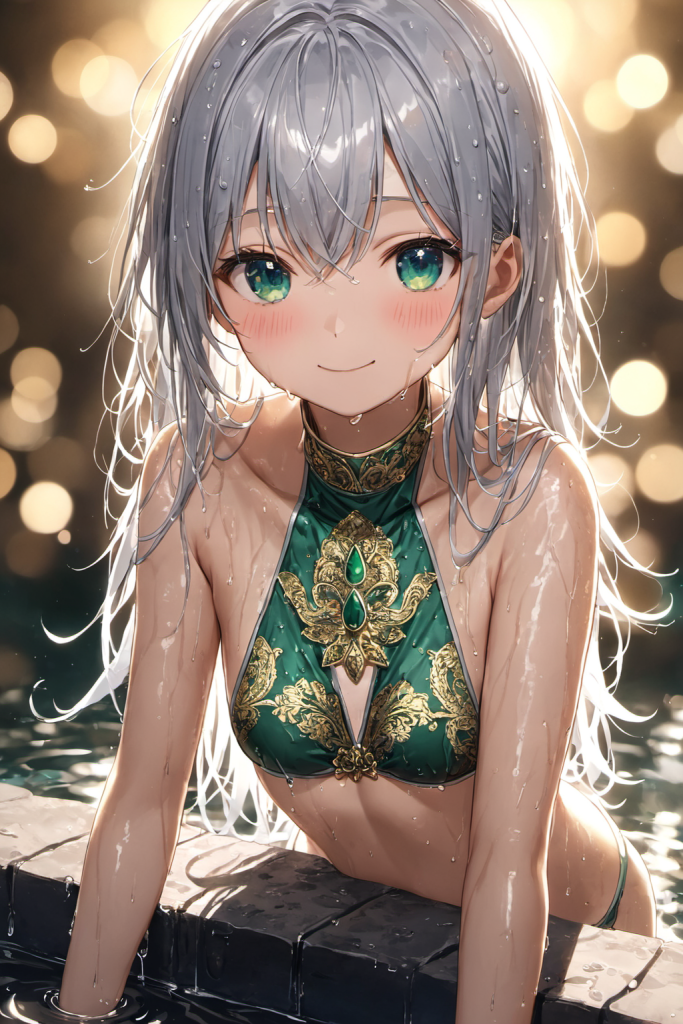 AIイラストで描かれた、刺繍が可愛い夜のプールに映えるホルターネックビキニ（魅力的なビーチポーズ）。ビーチファッションデザインの形状再現を目的とした技術資料。