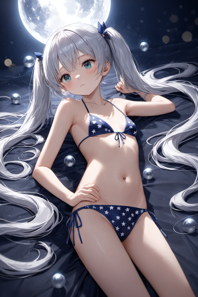 AIイラストで描かれた、星柄ビキニの前後全身像(わずかに斜めを向いたポーズ)。同じプロンプトによる形状再現のバリエーション。ビーチファッションのデザイン例。