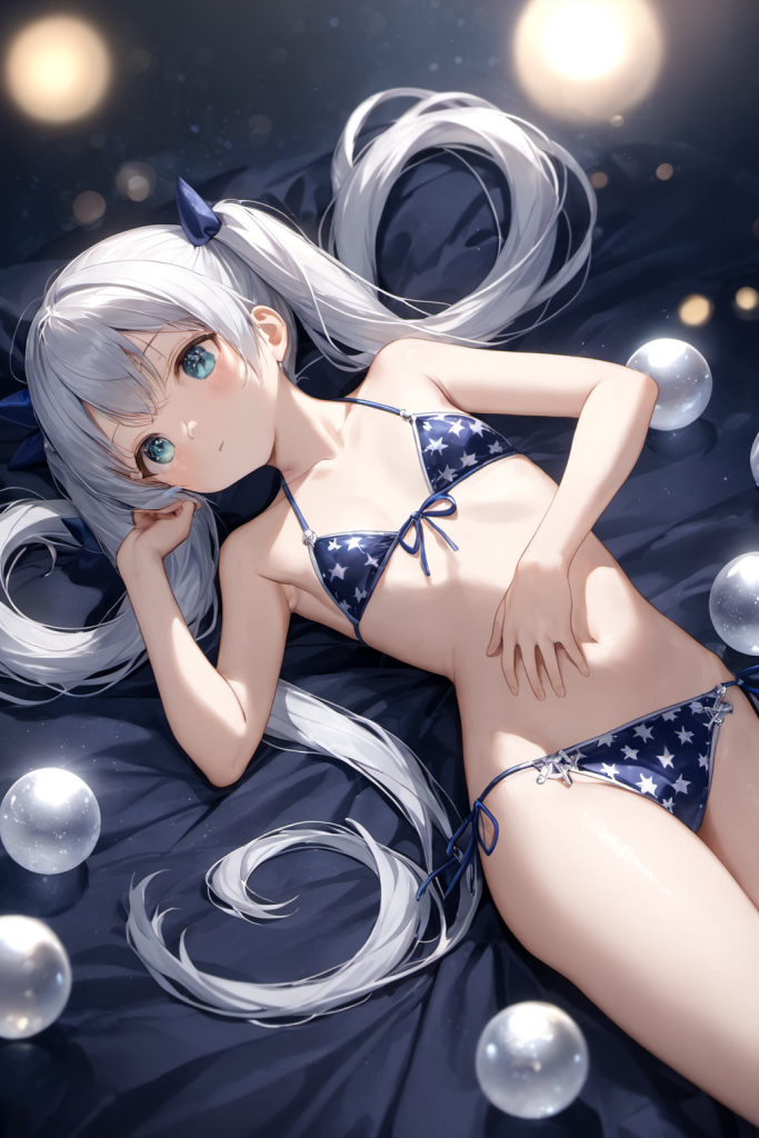 AIイラストで描かれた、星柄が可愛い夜のビーチに映えるホルターネックビキニ(魅力的なビーチポーズ)。ビーチファッションデザインの形状再現を目的とした技術資料。