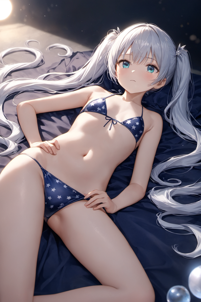 AIイラストで描かれた、月明かりに神秘的に輝く紺色の星柄ビキニ(前後全身像)。魅力的な水着プロンプトの構成案を紹介する技術資料。下部のラベルがデザインアーカイブであることを示している。