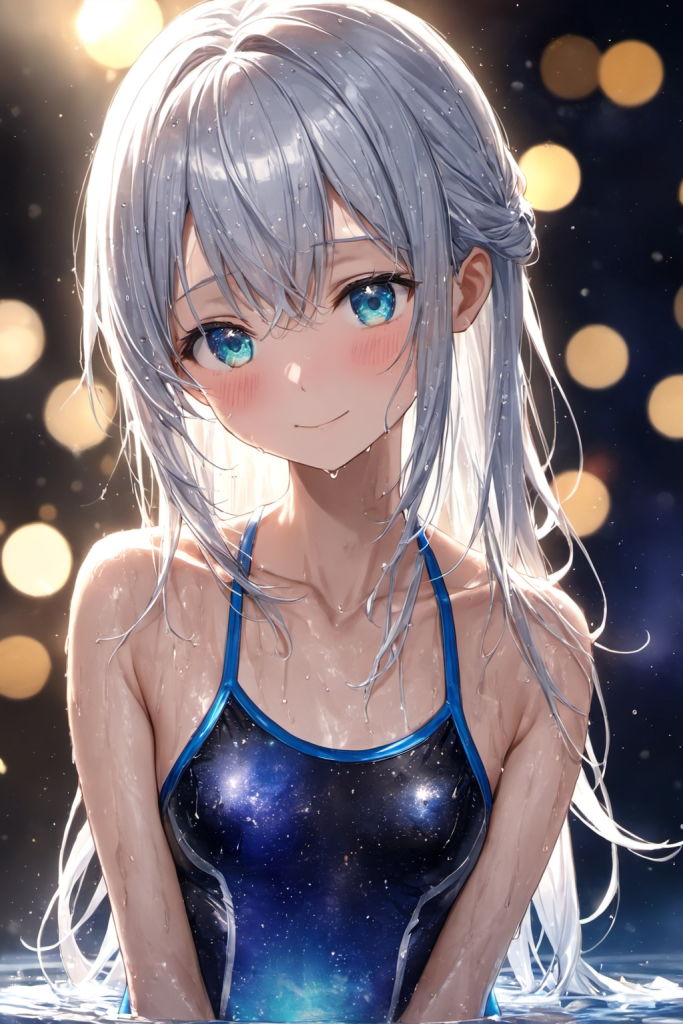 AIイラストで描かれた、ギャラクシー柄競泳水着の前後全身像(わずかに斜めを向いたポーズ)。同じプロンプトによる形状再現のバリエーション。スポーツウェアのデザイン例。