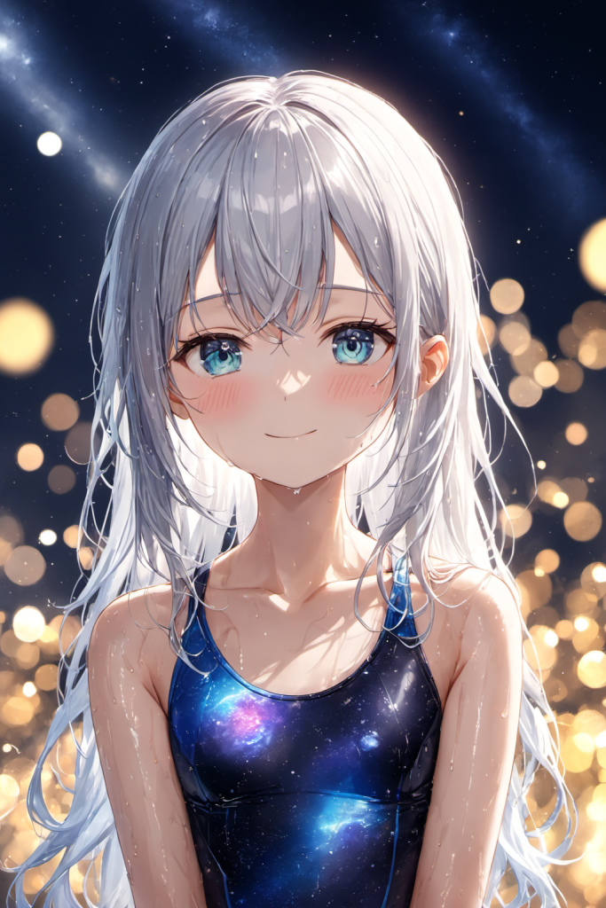 AIイラストで描かれた、宇宙柄が速そうなレーザーラサー風競泳水着(魅力的なスポーツポーズ)。競泳水着デザインの形状再現を目的とした技術資料。