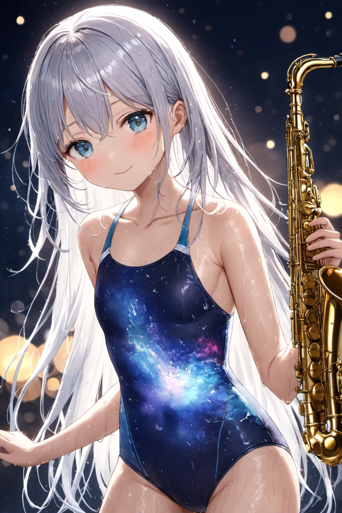 AIイラストによるギャラクシー柄競泳水着の前後全身像(プールサイドの強い光の演出)。競泳水着デザインのプロンプト検証資料。魅力的なスポーツコーデ。