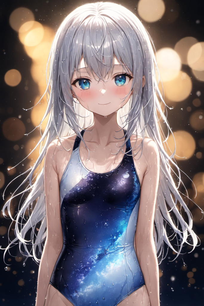 AIイラストで描かれた、宇宙のようなギャラクシー柄が目を引く、スポーティーな競泳水着(前後全身像)。魅力的な競泳水着プロンプトの構成案を紹介する技術資料。下部のラベルがデザインアーカイブであることを示している。