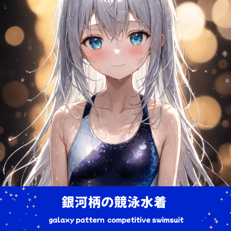 ナイトプールで水に浸かり微笑む、銀髪の「さみさん」。宇宙の星々や星雲が描かれた銀河柄（ギャラクシープリント）の競泳水着を着用したAIイラスト。下部のラベルがデザインアーカイブであることを示している。