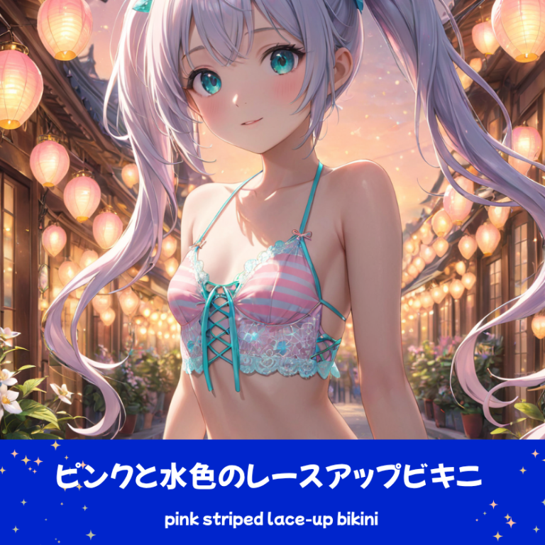 AIイラストによる、水色とピンクのストライプ柄レースアップビキニ。幻想的な夜景をバックにした、ビーチファッションのプロンプト検証資料。