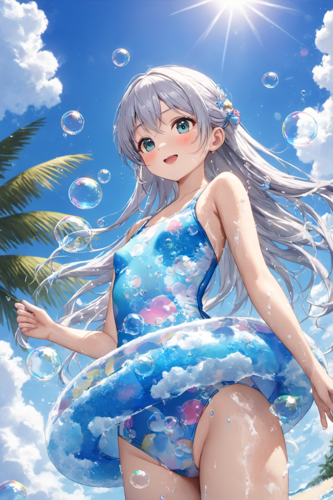 AIイラストで描かれた、爽やかな青色バブル柄のホルターネックワンピース水着（魅力的なビーチポーズ）。ビーチファッションデザインの形状再現を目的とした技術資料。