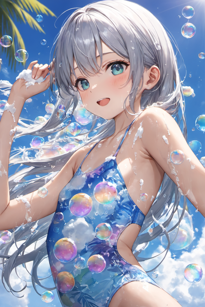 AIイラストで描かれた、爽やかなバブル柄ワンピース水着の前後全身像（わずかに斜めを向いたポーズ）。同じプロンプトによる形状再現のバリエーション。ビーチファッションのコーディネート例。