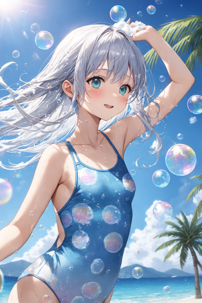 AIイラストで描かれた、爽やかな青色のバブル柄（水玉）がビーチに映える、ホルターネックのワンピース水着（前後全身像）。魅力的な水着プロンプトの構成案を紹介する技術資料。下部のラベルがデザインアーカイブであることを示している。