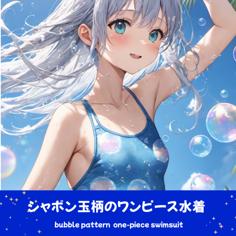 青空とヤシの木を背景に、シャボン玉が舞うビーチで微笑む「さみさん」。虹色の泡がデザインされたスカイブルーのワンピース水着を着用したAIイラスト。アイキャッチ用