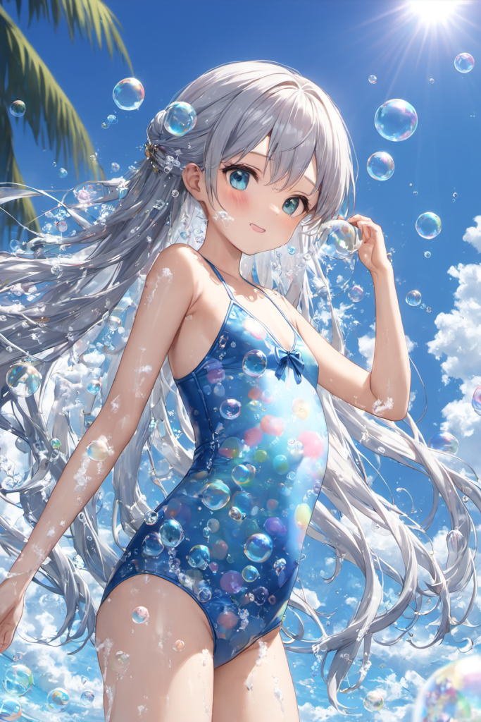 AIイラストによる爽やかなバブル柄ワンピース水着の前後全身像（日差しが強い光の演出）。ビーチファッションデザインのプロンプト検証資料。魅力的なビーチコーデ。