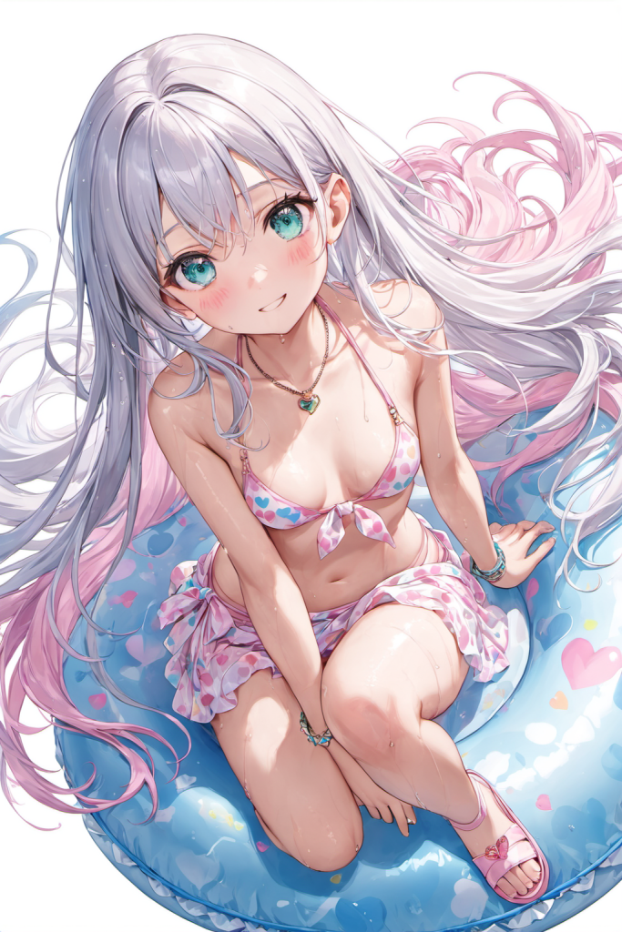 パステルピンクと水色のハート柄ビキニに、お揃いのパレオを纏った銀髪ロングヘアの「さみさん」。浮き輪に座って微笑む、スウィートなAIイラスト。