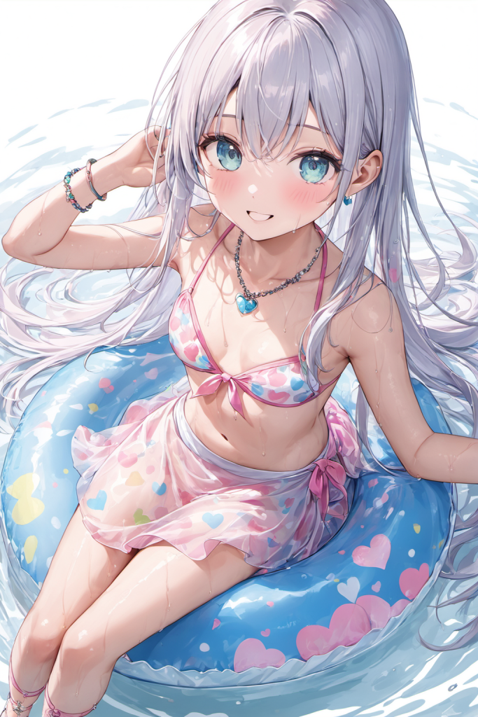 パステルピンクと水色のハート柄ビキニに、お揃いのパレオを纏った銀髪ロングヘアの「さみさん」。浮き輪に座って微笑む、スウィートなAIイラスト。