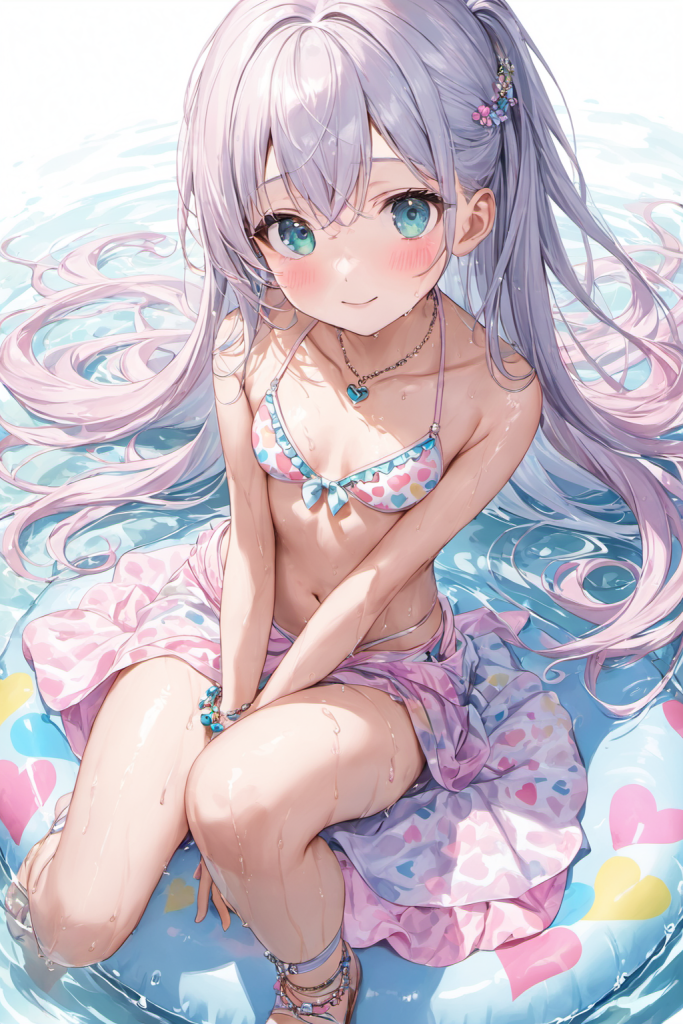 パステルピンクと水色のハート柄ビキニに、お揃いのパレオを纏った銀髪ロングヘアの「さみさん」。浮き輪に座って微笑む、スウィートなAIイラスト。