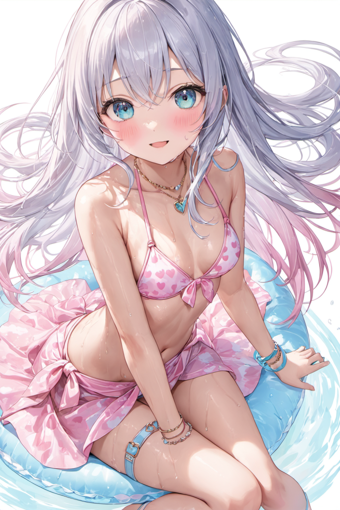 パステルピンクと水色のハート柄ビキニに、お揃いのパレオを纏った銀髪ロングヘアの「さみさん」。浮き輪に座って微笑む、スウィートなAIイラスト。