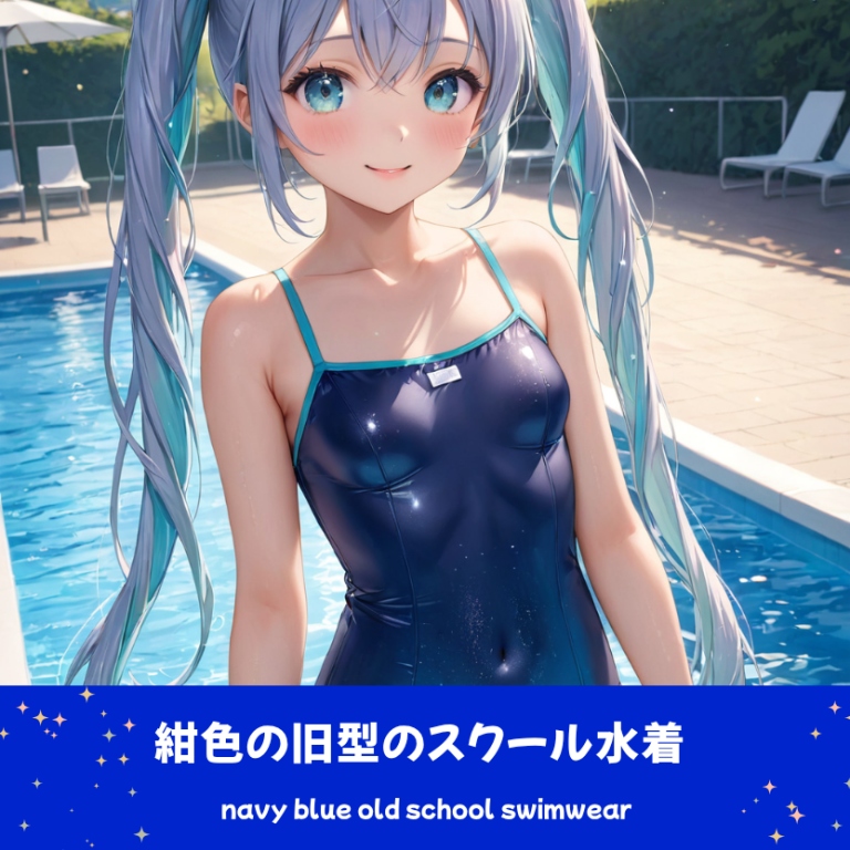 AIイラストで描かれた、ネイビーブルーの旧型スクール水着を着用した「さみさん」。屋外プールでの授業シーンをイメージした、水着デザインの技術資料。