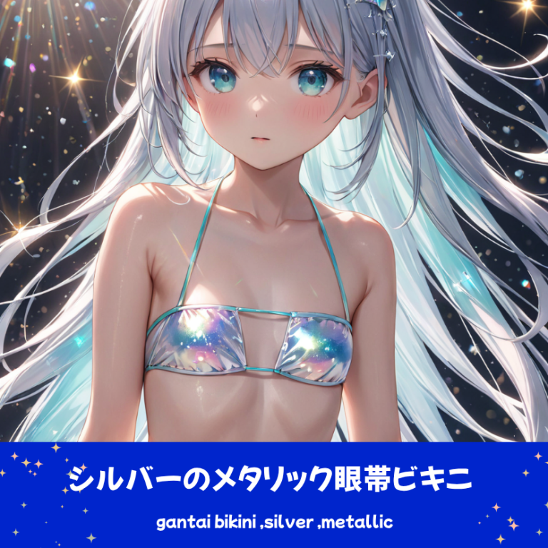 AIイラストによる、四角い形状のトップが特徴的なマイクロビキニスタイルの前後全身像。特定のデザイン形状をAIで描写するためのプロンプト検証資料。