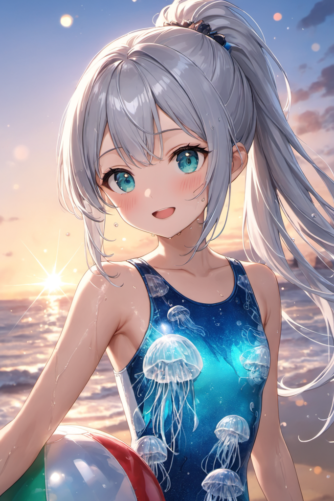 夕暮れのビーチで微笑む、銀髪ポニーテールの少女「さみさん」。深海をイメージした青地に、幻想的なクラゲがデザインされた競泳水着を着用したAIイラスト。