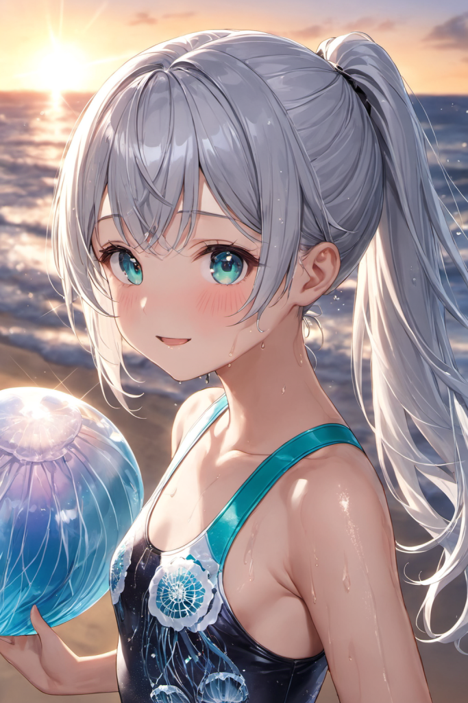 夕暮れのビーチで微笑む、銀髪ポニーテールの少女「さみさん」。深海をイメージした青地に、幻想的なクラゲがデザインされた競泳水着を着用したAIイラスト。