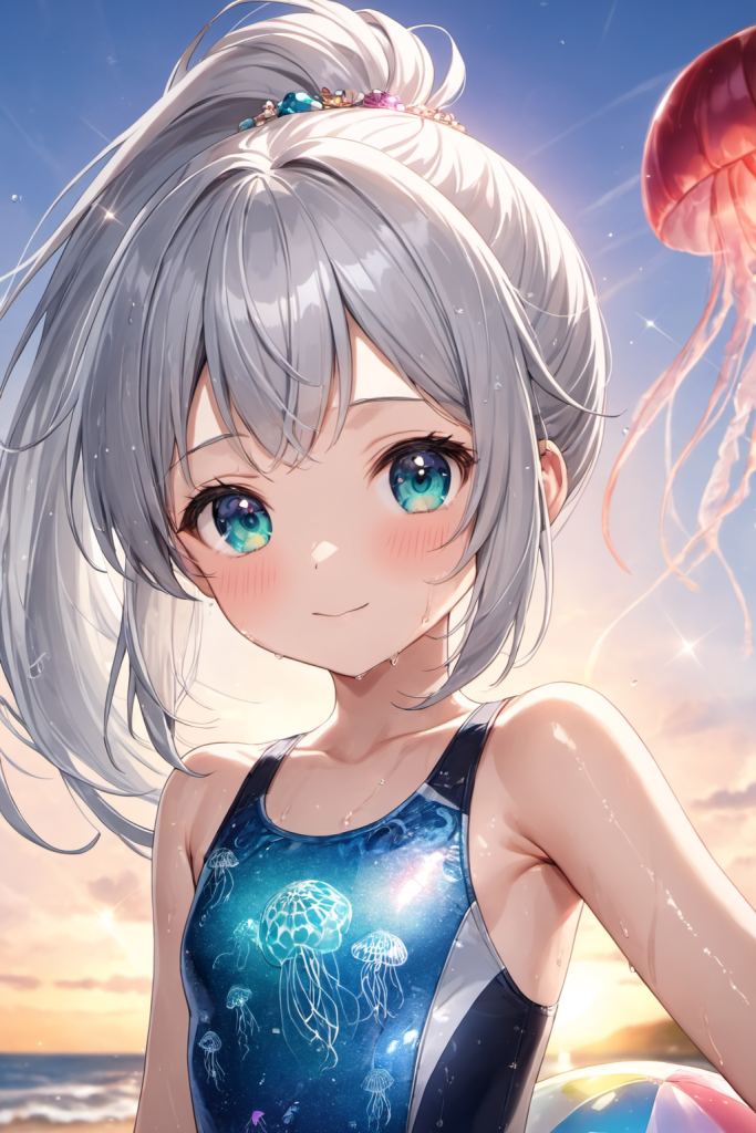 夕暮れのビーチで微笑む、銀髪ポニーテールの少女「さみさん」。深海をイメージした青地に、幻想的なクラゲがデザインされた競泳水着を着用したAIイラスト。