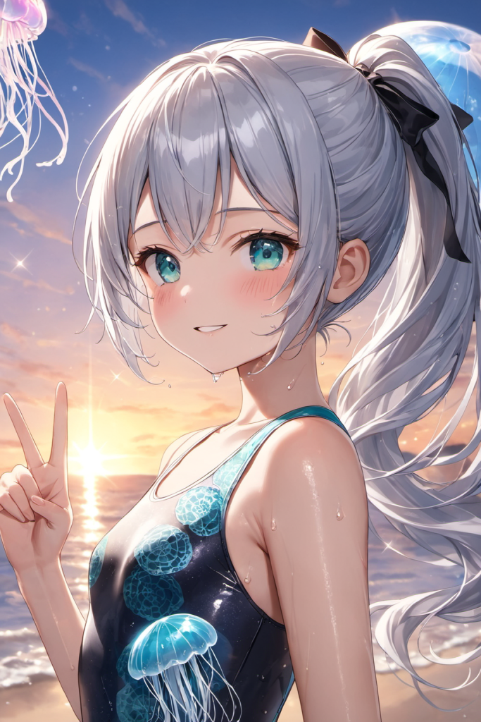 夕暮れのビーチで微笑む、銀髪ポニーテールの少女「さみさん」。深海をイメージした青地に、幻想的なクラゲがデザインされた競泳水着を着用したAIイラスト。