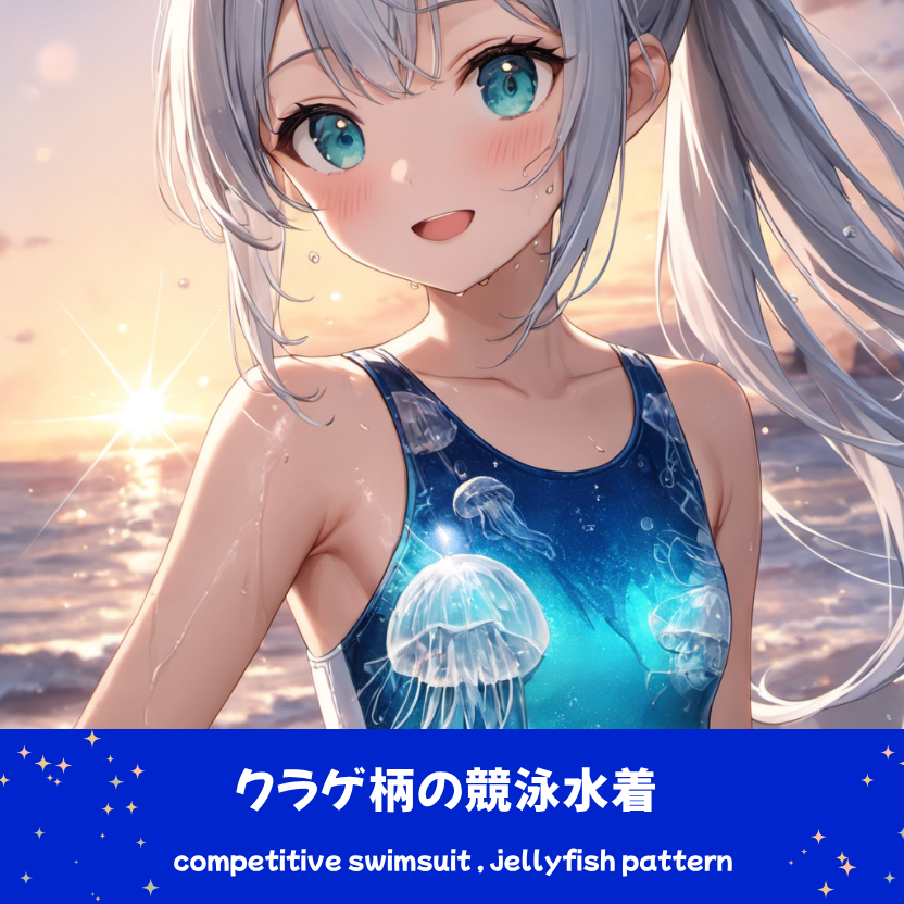 夕暮れのビーチで微笑む、銀髪ポニーテールの少女「さみさん」。深海をイメージした青地に、幻想的なクラゲがデザインされた競泳水着を着用したAIイラスト。下部のプロンプトラベルがデザインアーカイブであることを示している。