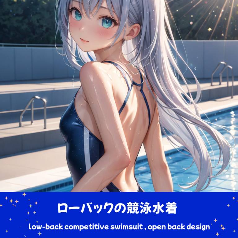 AIイラストで描かれた、機能美のあるローバックデザインの競泳水着。銀髪のキャラクターによる、スポーツウェアの形状リファレンスとアーカイブ。