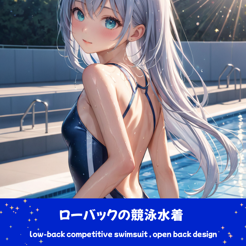 AIイラストで描かれた、機能美のあるローバックデザインの競泳水着。銀髪のキャラクターによる、スポーツウェアの形状リファレンスとアーカイブ。