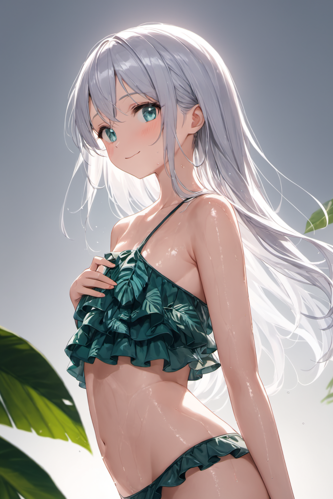 AIイラストで描かれた、ボタニカルリーフ柄フレアビキニの前後全身像(わずかに斜めを向いたポーズ)。同じプロンプトによる形状再現のバリエーション。ビーチファッションのコーディネート例。