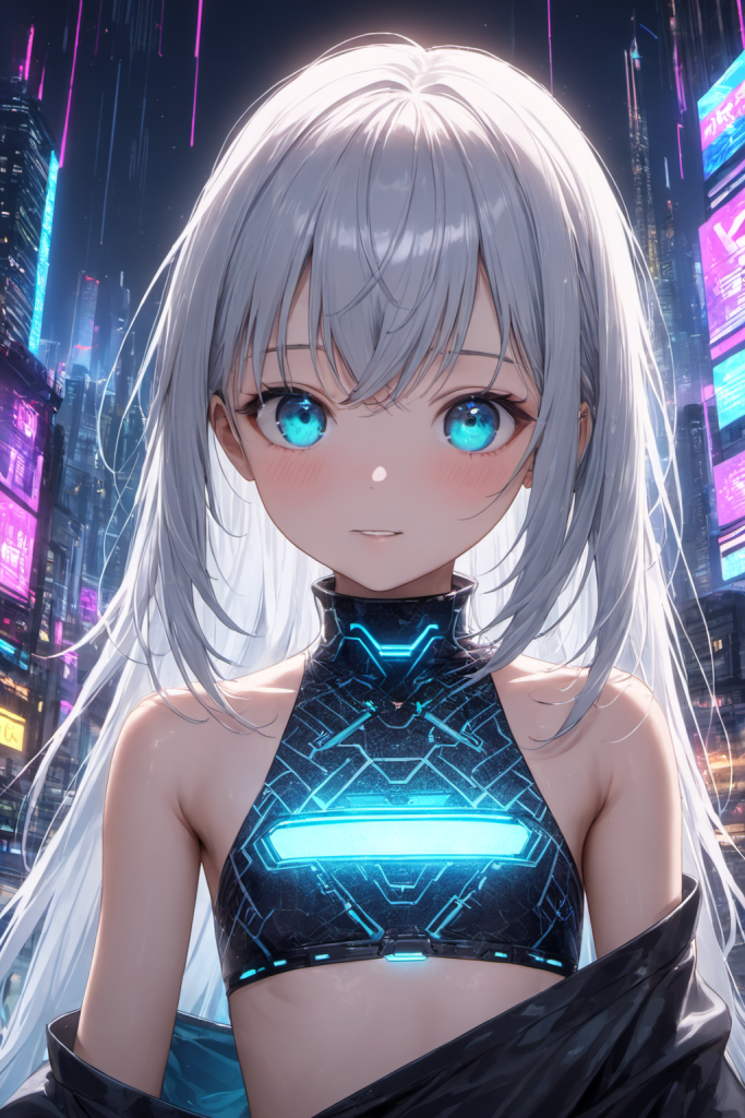 未来的なネオン街を背景に、ネオンブルーの幾何学模様がデザインされたサイバーパンク柄のハイネックビキニを着用して微笑む銀髪ロングヘアの「さみさん」。未来的な最新AIイラスト。