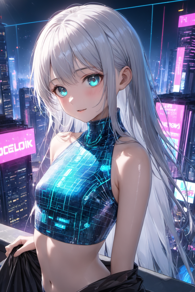 未来的なネオン街を背景に、ネオンブルーの幾何学模様がデザインされたサイバーパンク柄のハイネックビキニを着用して微笑む銀髪ロングヘアの「さみさん」。未来的な最新AIイラスト。