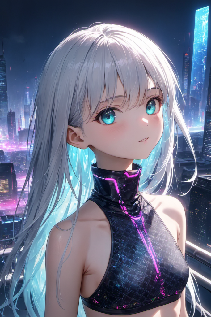 未来的なネオン街を背景に、ネオンブルーの幾何学模様がデザインされたサイバーパンク柄のハイネックビキニを着用して微笑む銀髪ロングヘアの「さみさん」。未来的な最新AIイラスト。