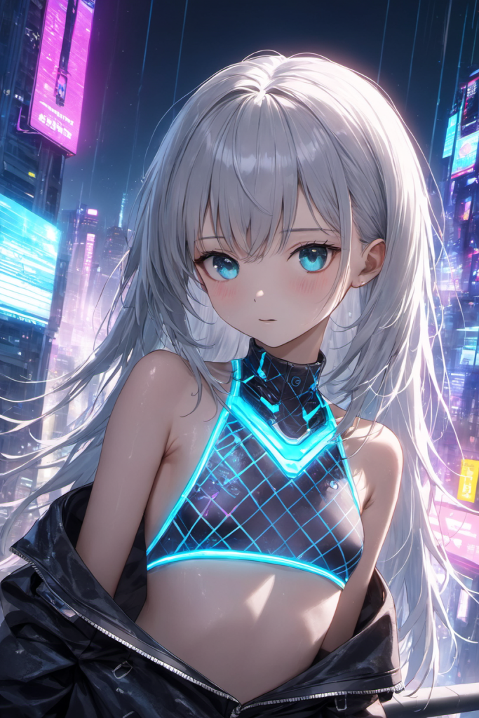 未来的なネオン街を背景に、ネオンブルーの幾何学模様がデザインされたサイバーパンク柄のハイネックビキニを着用して微笑む銀髪ロングヘアの「さみさん」。未来的な最新AIイラスト。