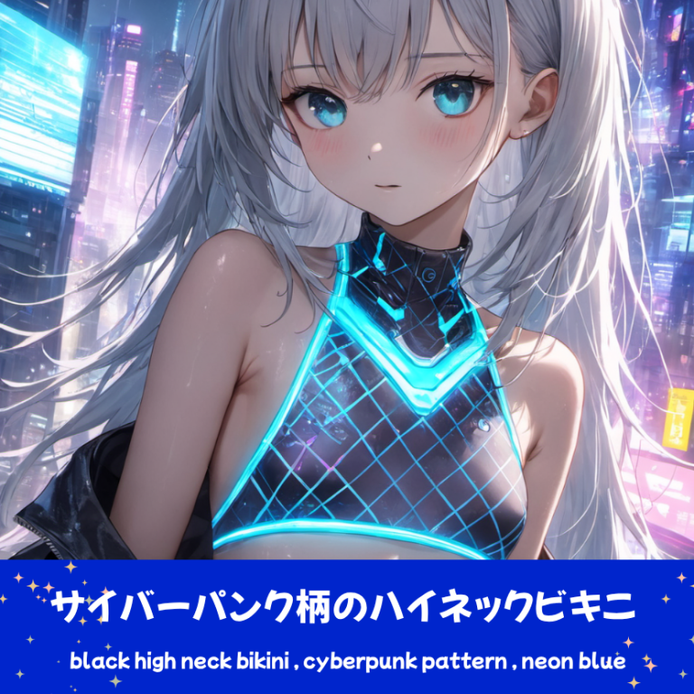 未来的なネオン街を背景に、ネオンブルーの幾何学模様がデザインされたサイバーパンク柄のハイネックビキニを着用して微笑む銀髪ロングヘアの「さみさん」。未来的な最新AIイラスト。下部のプロンプトラベルがデザインアーカイブであることを示している。