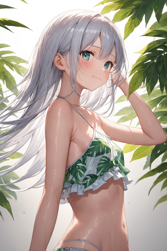 AIイラストで描かれた、大人リゾートな雰囲気が漂うボタニカルリーフ柄のフレアビキニ(前後全身像)。魅力的な水着プロンプトの構成案を紹介する技術資料。下部のラベルがデザインアーカイブであることを示している。