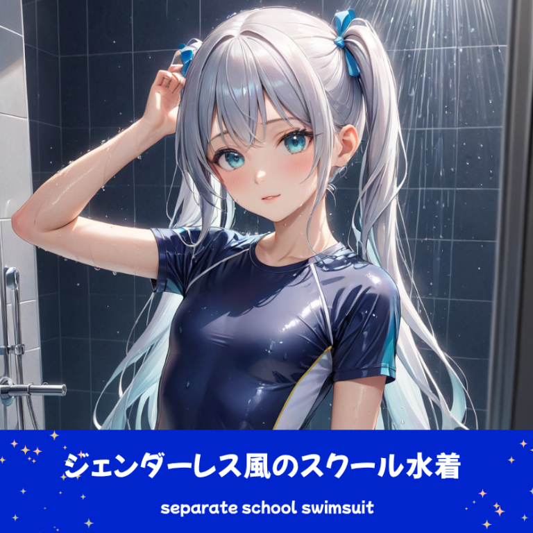 AIイラストによるスクール水着（シャワーの飛沫と光が反射する演出）。水着デザインと質感のプロンプト検証資料。魅力的なスポーツポートレート。