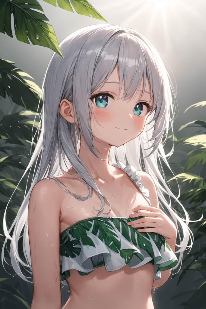 AIイラストで描かれた、リーフ柄が可愛いリゾートに映えるホルターネックフレアビキニ(魅力的なビーチポーズ)。ビーチファッションデザインの形状再現を目的とした技術資料。