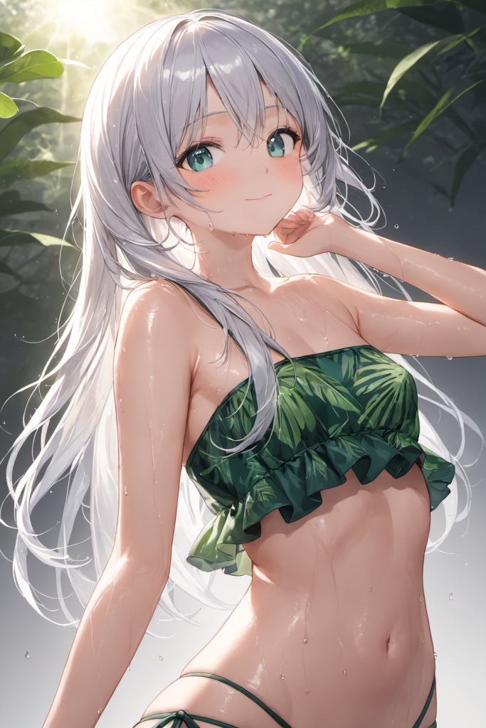 AIイラストによる大人リゾートなボタニカルリーフ柄ビキニの前後全身像(日差しの強いビーチの光の演出)。ビーチファッションデザインのプロンプト検証資料。魅力的なビーチコーデ。