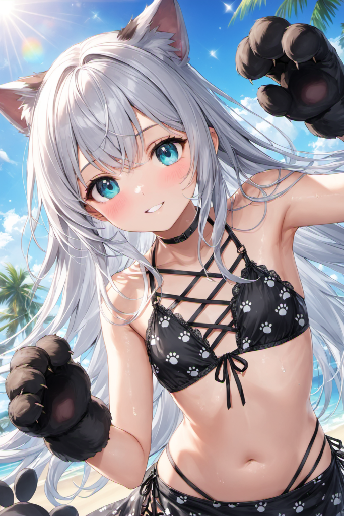 南国のビーチで、肉球柄のブラックレースアップビキニを着用して微笑む銀髪ロングヘアの「さみさん」。あざと可愛い最新AIイラスト。