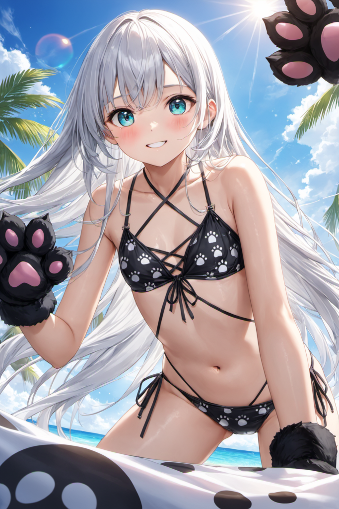 南国のビーチで、肉球柄のブラックレースアップビキニを着用して微笑む銀髪ロングヘアの「さみさん」。あざと可愛い最新AIイラスト。