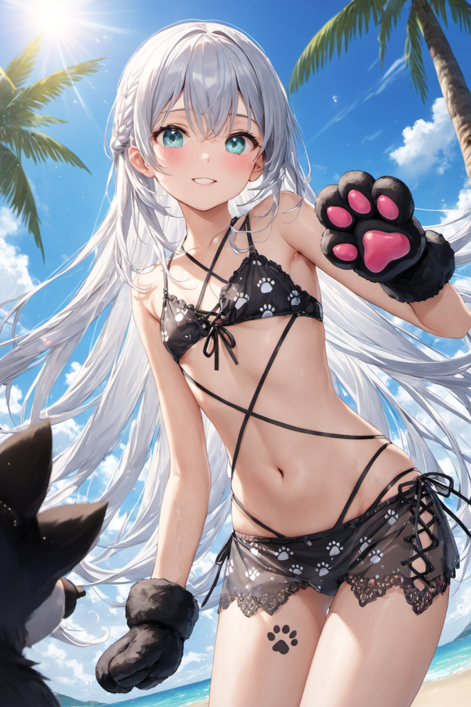南国のビーチで、肉球柄のブラックレースアップビキニを着用して微笑む銀髪ロングヘアの「さみさん」。あざと可愛い最新AIイラスト。