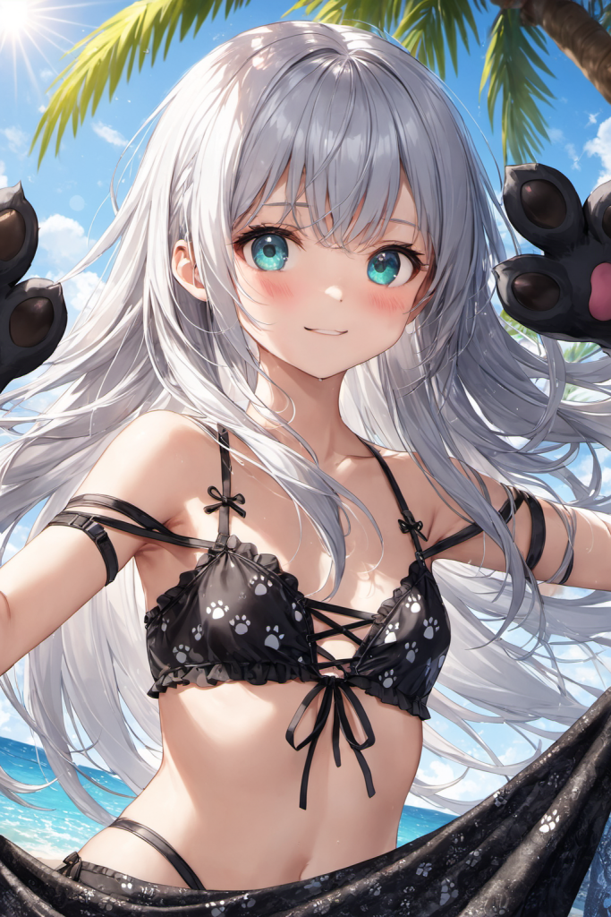 南国のビーチで、肉球柄のブラックレースアップビキニを着用して微笑む銀髪ロングヘアの「さみさん」。あざと可愛い最新AIイラスト。