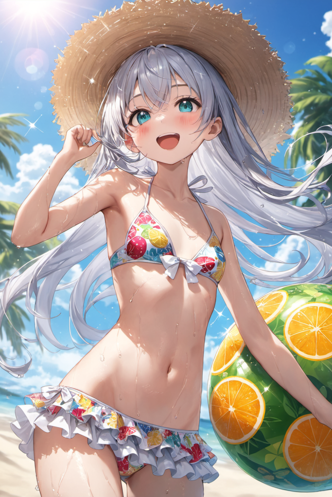 AIイラストによるトロピカルフルーツ柄フリルビキニの前後全身像（真夏の太陽のような強い光の演出）。ビーチファッションデザインのプロンプト検証資料。魅力的なビーチコーデ。