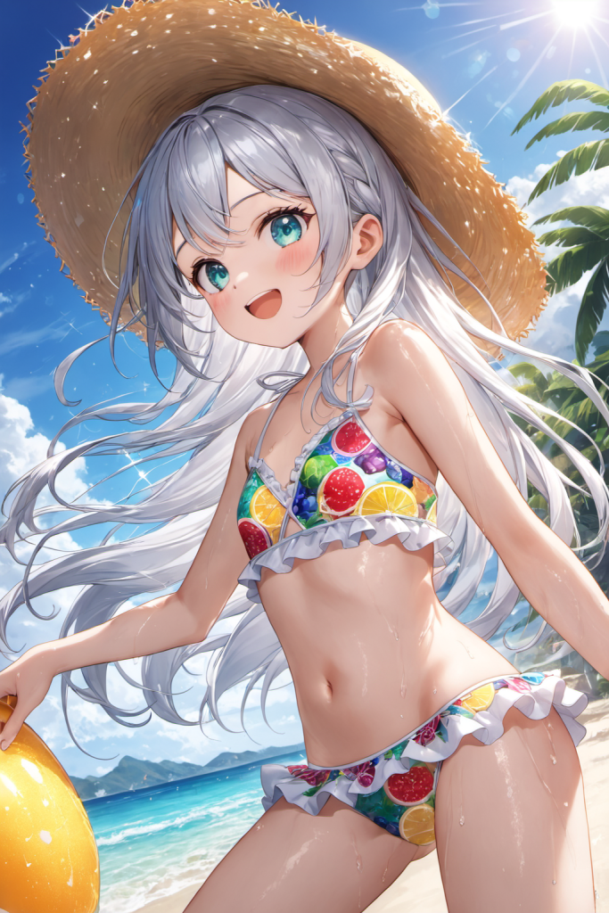 AIイラストで描かれた、カラフルなトロピカルフルーツ柄とフリルが可愛いビキニ（前後全身像）。魅力的な水着プロンプトの構成案を紹介する技術資料。下部のラベルがデザインアーカイブであることを示している。