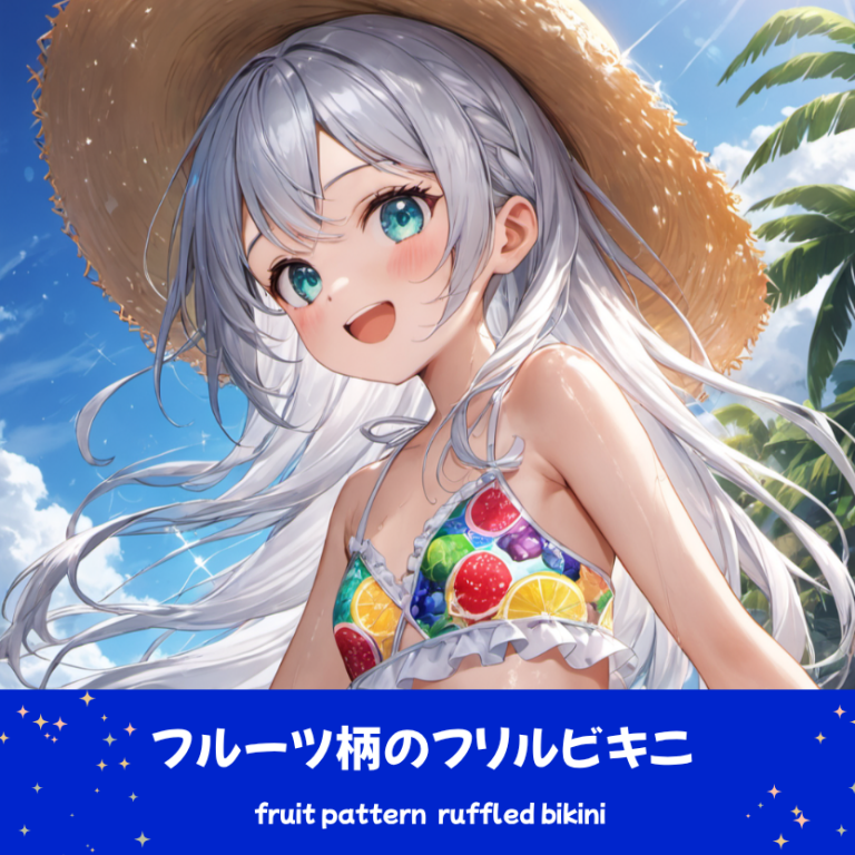AIイラストで描かれた、カラフルなトロピカルフルーツ柄とフリルが可愛いビキニ（前後全身像）。魅力的な水着プロンプトの構成案を紹介する技術資料。下部のラベルがデザインアーカイブであることを示している。