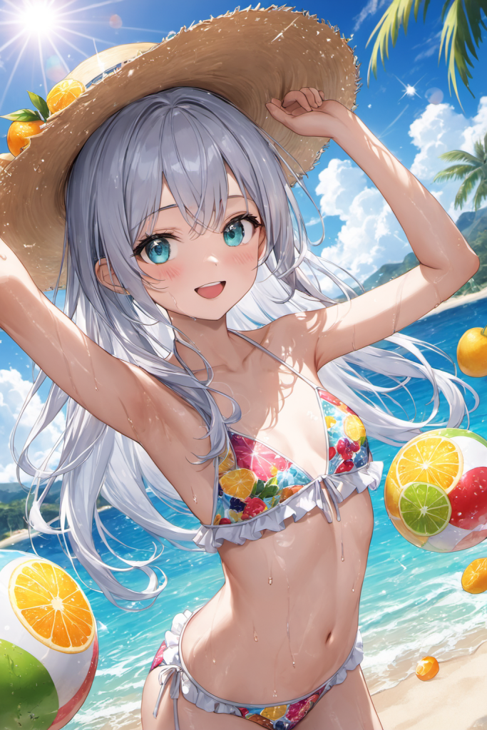 AIイラストで描かれた、フルーツ柄とフリルが可愛いオフショルダービキニ（魅力的なビーチポーズ）。ビーチファッションデザインの形状再現を目的とした技術資料。