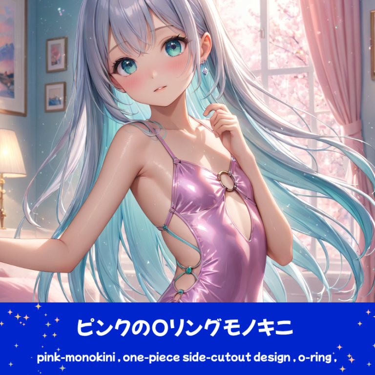 AIイラストによる、サイドのカットアウトが特徴的なピンクのモノキニの前後全身像。水着の形状再現と質感の質感を検証した、ビーチファッションのプロンプト検証資料。